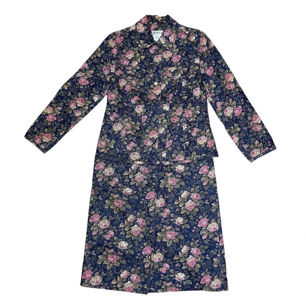 Orvis Floral Denim Jean Jacket Skirt Set Roses Button Up Y2K Cottagecore Grandma